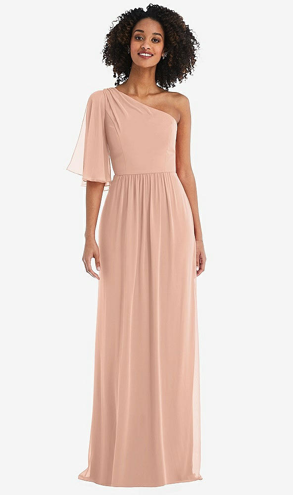 Front View - Pale Peach One-Shoulder Bell Sleeve Chiffon Maxi Dress