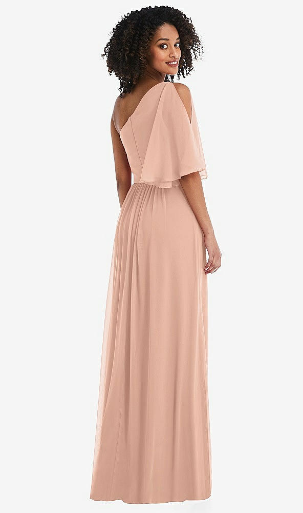 Back View - Pale Peach One-Shoulder Bell Sleeve Chiffon Maxi Dress