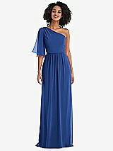 Front View Thumbnail - Classic Blue One-Shoulder Bell Sleeve Chiffon Maxi Dress