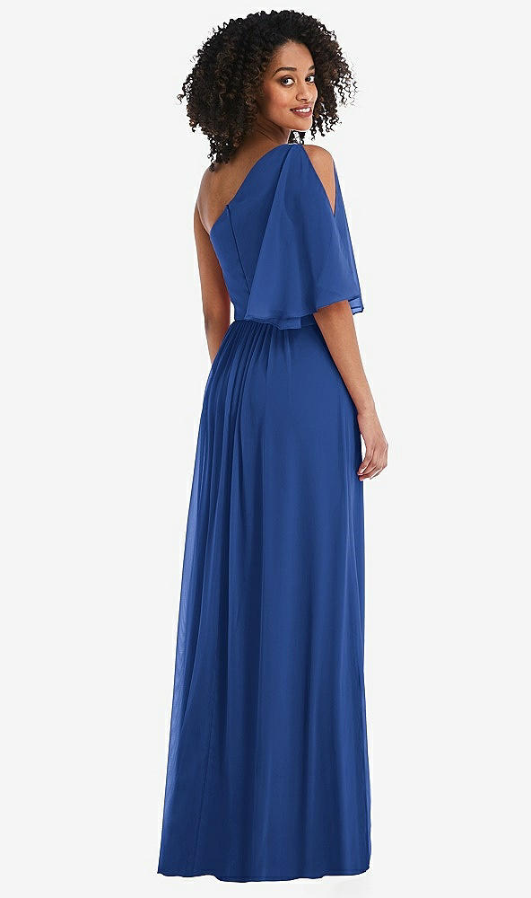 Back View - Classic Blue One-Shoulder Bell Sleeve Chiffon Maxi Dress