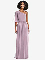 Front View Thumbnail - Suede Rose One-Shoulder Bell Sleeve Chiffon Maxi Dress