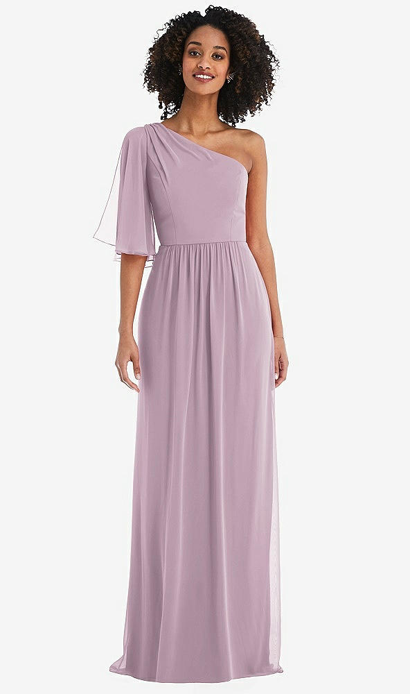 Front View - Suede Rose One-Shoulder Bell Sleeve Chiffon Maxi Dress