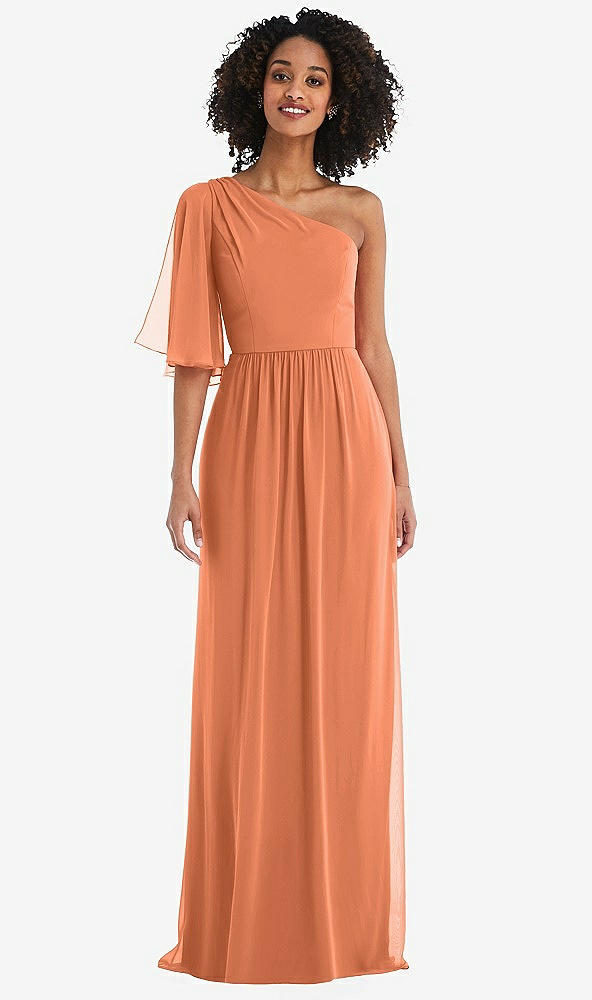Front View - Sweet Melon One-Shoulder Bell Sleeve Chiffon Maxi Dress