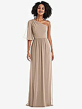 Front View Thumbnail - Topaz One-Shoulder Bell Sleeve Chiffon Maxi Dress