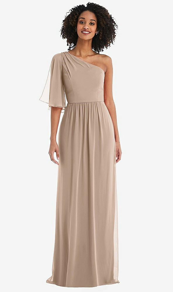 Front View - Topaz One-Shoulder Bell Sleeve Chiffon Maxi Dress