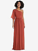 Front View Thumbnail - Amber Sunset One-Shoulder Bell Sleeve Chiffon Maxi Dress
