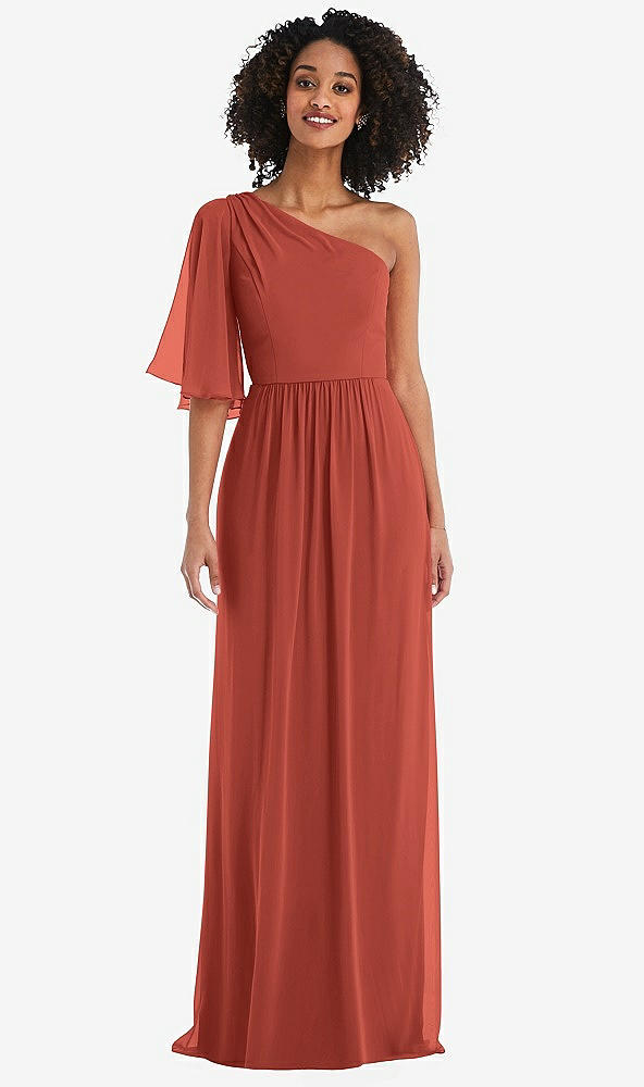 Front View - Amber Sunset One-Shoulder Bell Sleeve Chiffon Maxi Dress