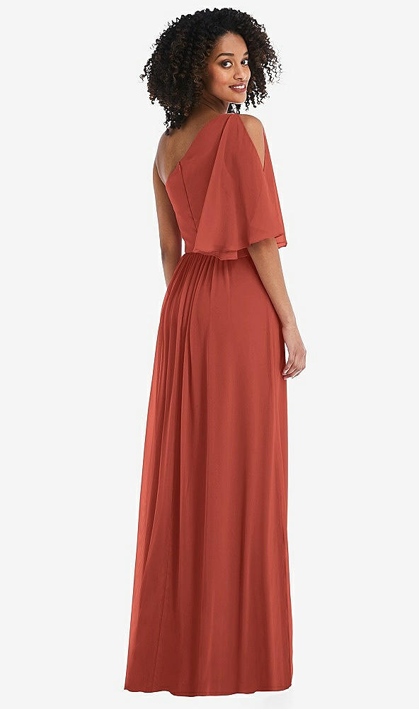Back View - Amber Sunset One-Shoulder Bell Sleeve Chiffon Maxi Dress