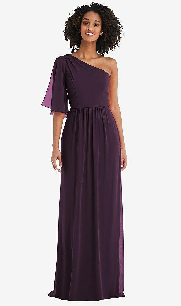 Front View - Aubergine One-Shoulder Bell Sleeve Chiffon Maxi Dress