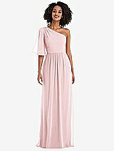 Front View Thumbnail - Ballet Pink One-Shoulder Bell Sleeve Chiffon Maxi Dress