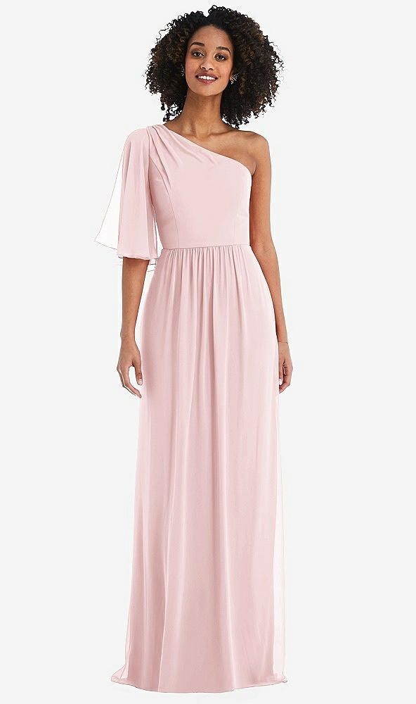 Front View - Ballet Pink One-Shoulder Bell Sleeve Chiffon Maxi Dress