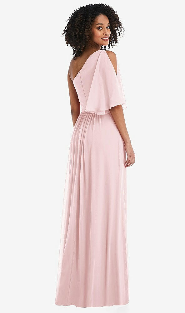 Back View - Ballet Pink One-Shoulder Bell Sleeve Chiffon Maxi Dress