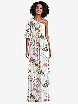 Front View Thumbnail - Butterfly Botanica Ivory One-Shoulder Bell Sleeve Chiffon Maxi Dress