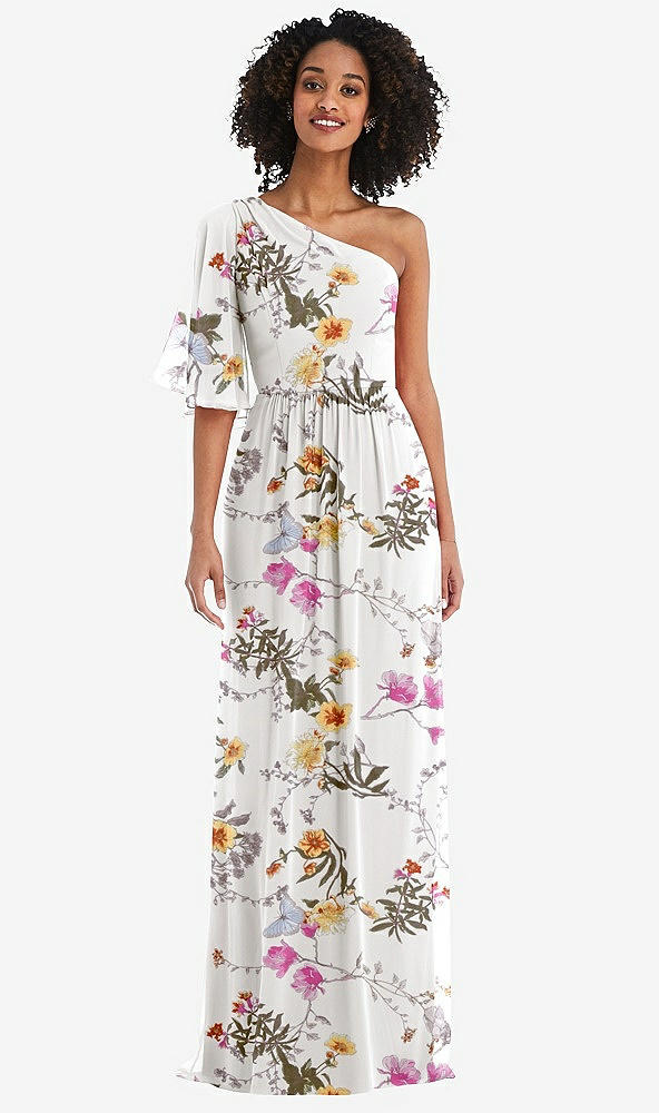 Front View - Butterfly Botanica Ivory One-Shoulder Bell Sleeve Chiffon Maxi Dress