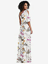 Rear View Thumbnail - Butterfly Botanica Ivory One-Shoulder Bell Sleeve Chiffon Maxi Dress