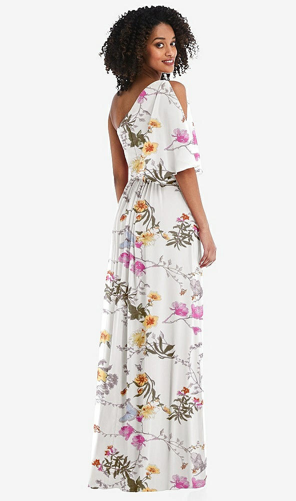 Back View - Butterfly Botanica Ivory One-Shoulder Bell Sleeve Chiffon Maxi Dress