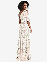 Rear View Thumbnail - Blush Garden One-Shoulder Bell Sleeve Chiffon Maxi Dress