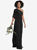 Alt View 1 Thumbnail - Black One-Shoulder Bell Sleeve Chiffon Maxi Dress