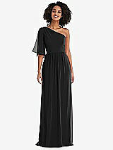 Front View Thumbnail - Black One-Shoulder Bell Sleeve Chiffon Maxi Dress