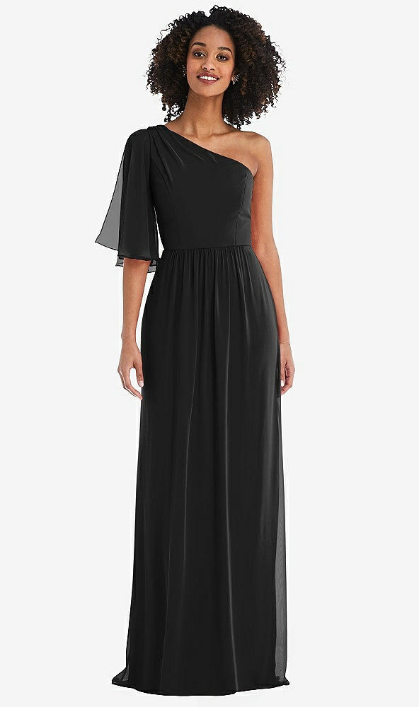 Front View - Black One-Shoulder Bell Sleeve Chiffon Maxi Dress