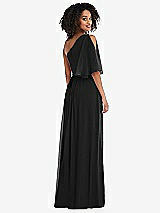 Rear View Thumbnail - Black One-Shoulder Bell Sleeve Chiffon Maxi Dress