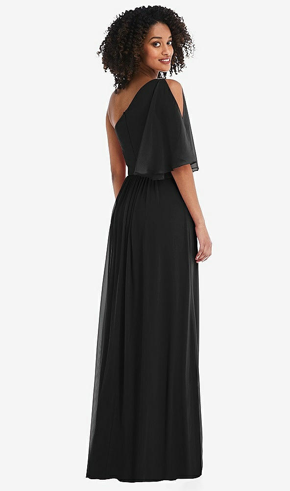 Back View - Black One-Shoulder Bell Sleeve Chiffon Maxi Dress