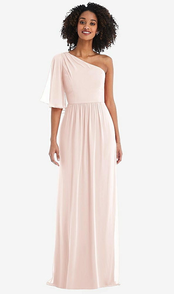 Front View - Blush One-Shoulder Bell Sleeve Chiffon Maxi Dress