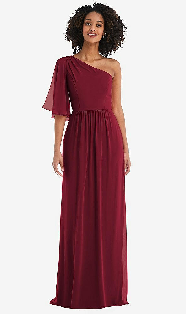 Front View - Burgundy One-Shoulder Bell Sleeve Chiffon Maxi Dress