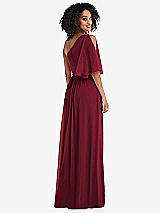 Rear View Thumbnail - Burgundy One-Shoulder Bell Sleeve Chiffon Maxi Dress