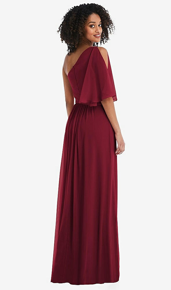 Back View - Burgundy One-Shoulder Bell Sleeve Chiffon Maxi Dress