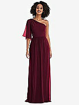 Front View Thumbnail - Cabernet One-Shoulder Bell Sleeve Chiffon Maxi Dress