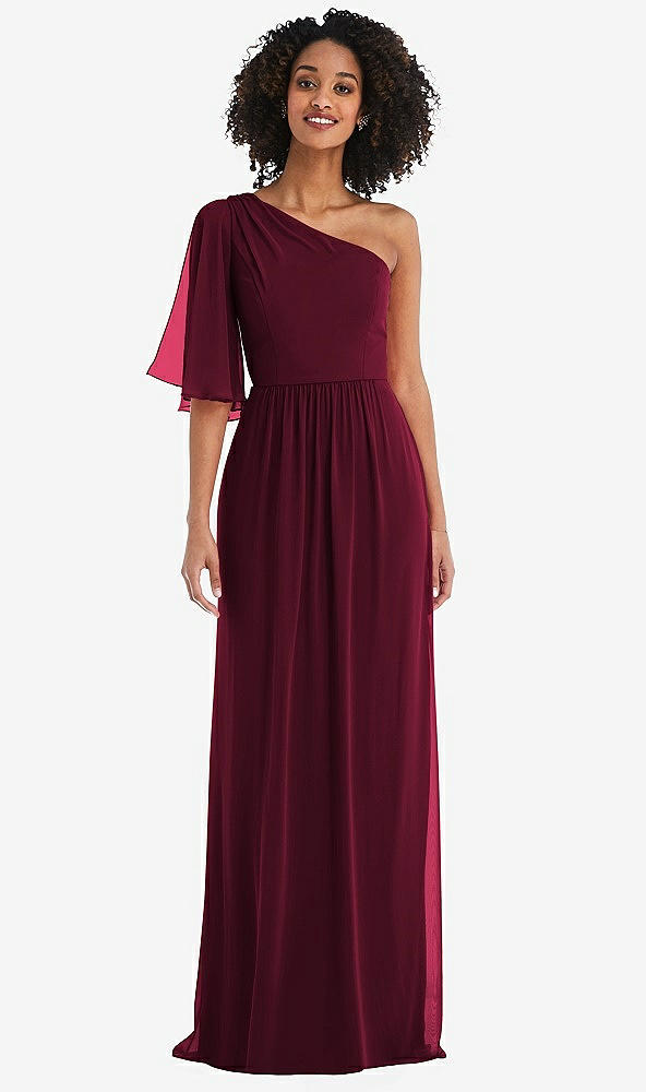 Front View - Cabernet One-Shoulder Bell Sleeve Chiffon Maxi Dress