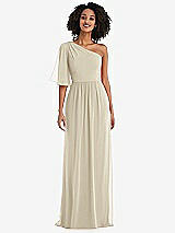 Front View Thumbnail - Champagne One-Shoulder Bell Sleeve Chiffon Maxi Dress