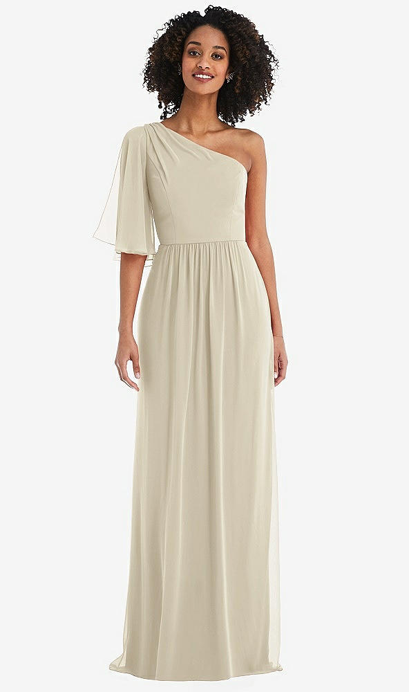 Front View - Champagne One-Shoulder Bell Sleeve Chiffon Maxi Dress