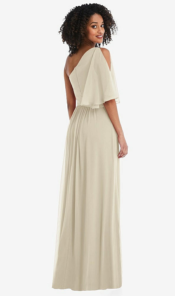 Back View - Champagne One-Shoulder Bell Sleeve Chiffon Maxi Dress