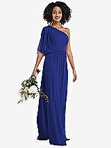 Alt View 1 Thumbnail - Cobalt Blue One-Shoulder Bell Sleeve Chiffon Maxi Dress
