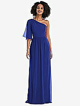 Front View Thumbnail - Cobalt Blue One-Shoulder Bell Sleeve Chiffon Maxi Dress