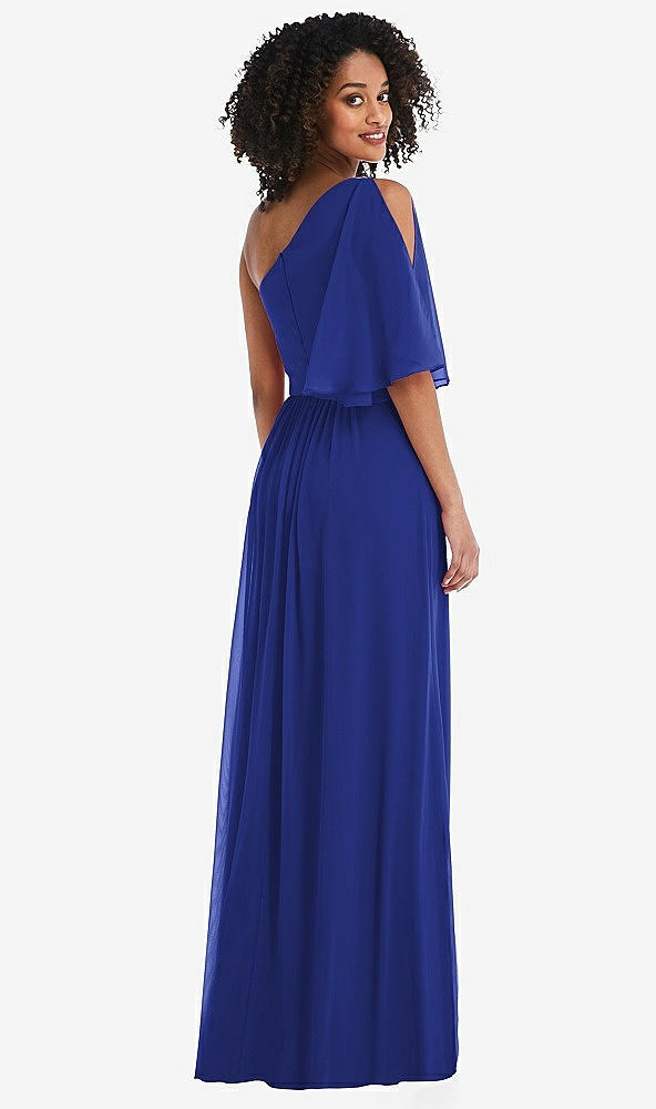Back View - Cobalt Blue One-Shoulder Bell Sleeve Chiffon Maxi Dress