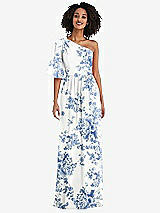 Front View Thumbnail - Cottage Rose Dusk Blue One-Shoulder Bell Sleeve Chiffon Maxi Dress