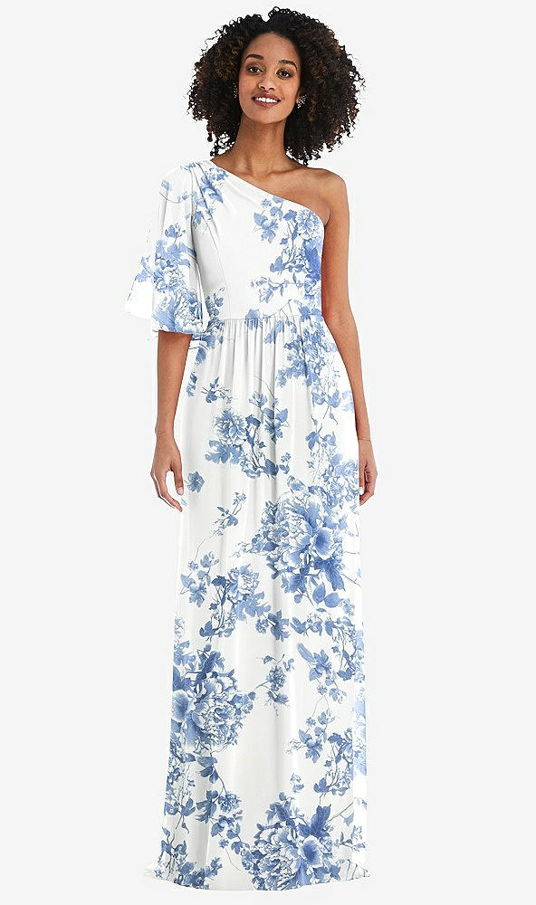 Front View - Cottage Rose Dusk Blue One-Shoulder Bell Sleeve Chiffon Maxi Dress