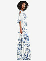 Side View Thumbnail - Cottage Rose Dusk Blue One-Shoulder Bell Sleeve Chiffon Maxi Dress