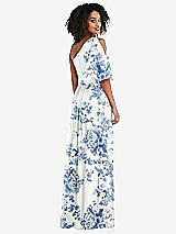 Rear View Thumbnail - Cottage Rose Dusk Blue One-Shoulder Bell Sleeve Chiffon Maxi Dress