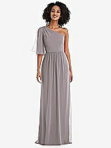 Front View Thumbnail - Cashmere Gray One-Shoulder Bell Sleeve Chiffon Maxi Dress