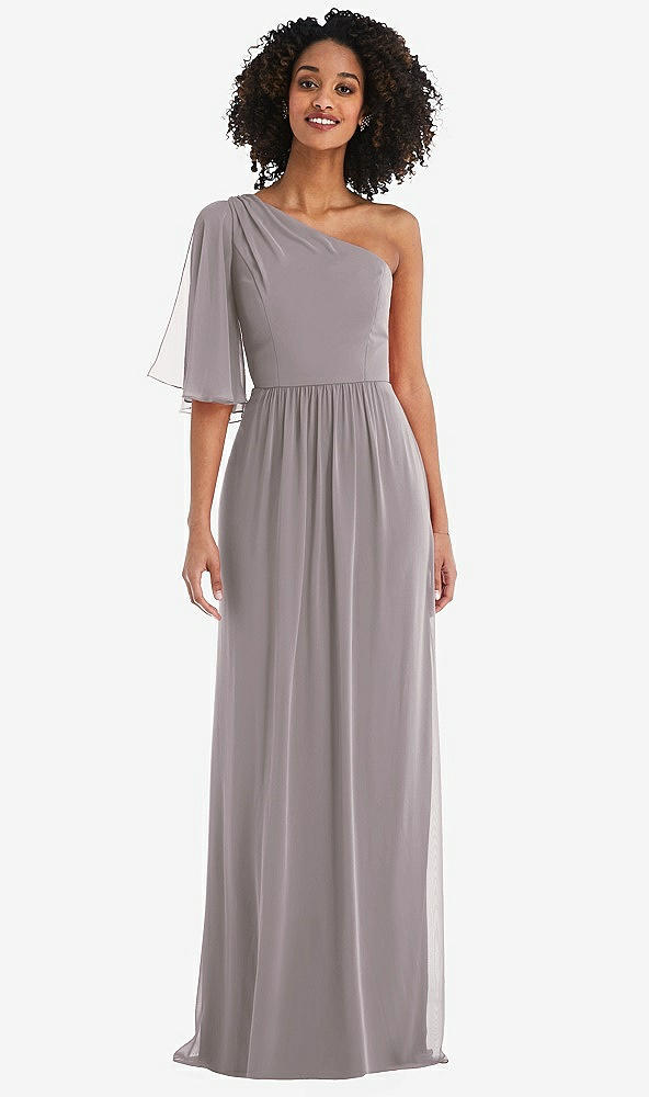 Front View - Cashmere Gray One-Shoulder Bell Sleeve Chiffon Maxi Dress