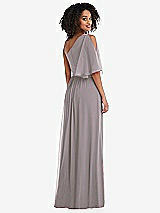Rear View Thumbnail - Cashmere Gray One-Shoulder Bell Sleeve Chiffon Maxi Dress