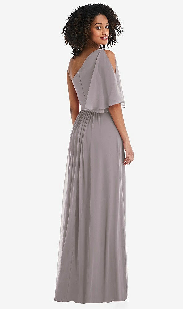 Back View - Cashmere Gray One-Shoulder Bell Sleeve Chiffon Maxi Dress