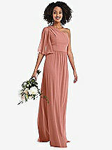 Alt View 1 Thumbnail - Desert Rose One-Shoulder Bell Sleeve Chiffon Maxi Dress