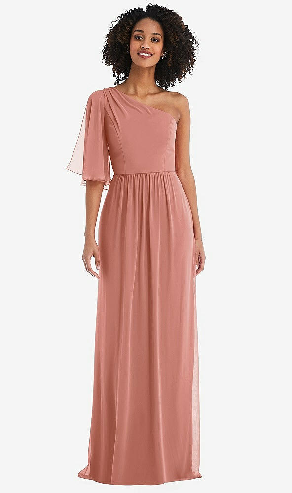 Front View - Desert Rose One-Shoulder Bell Sleeve Chiffon Maxi Dress