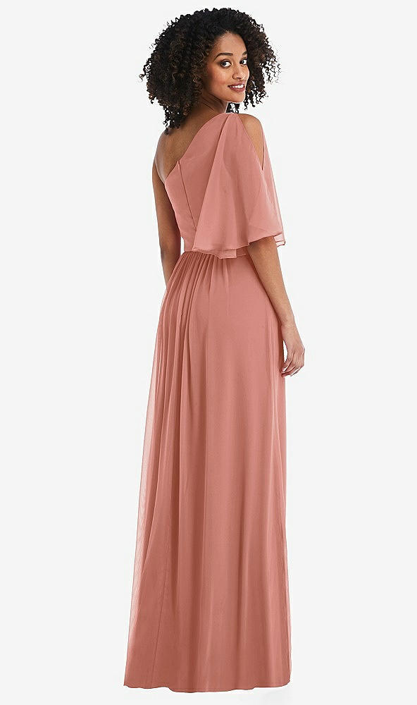 Back View - Desert Rose One-Shoulder Bell Sleeve Chiffon Maxi Dress