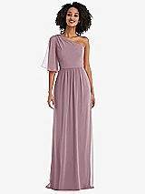 Front View Thumbnail - Dusty Rose One-Shoulder Bell Sleeve Chiffon Maxi Dress